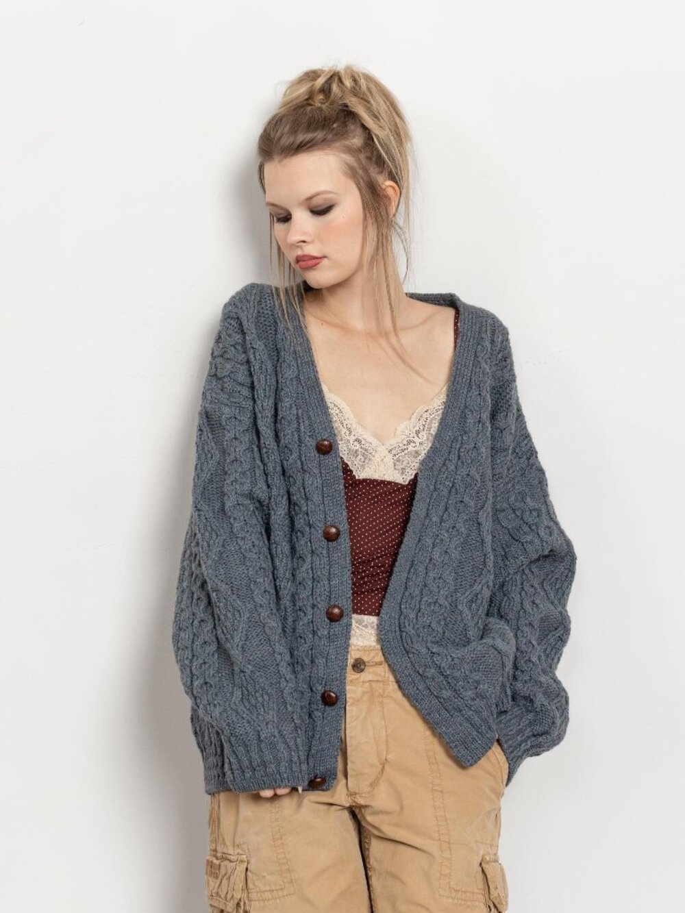 CABLE Knit WOOL CARDIGAN Vintage Blue Women Oversize / Large